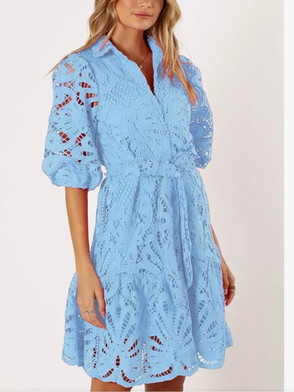 Sky Blue Lace Mini Shirt Dress with Tie Waist